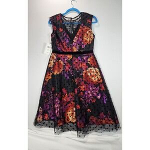 SD Collection Dress 6P Black Floral Flocked Polka Dot Mesh Overlay Velvet NWT